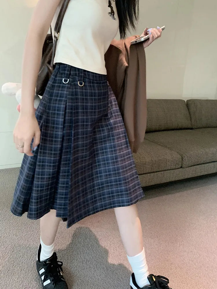 qgtao Korean style Preppy Fashion Vintage Plaid Summer Women Midi Skirt High Waist Pleated A-line Temperament Loose Y2K Skirt