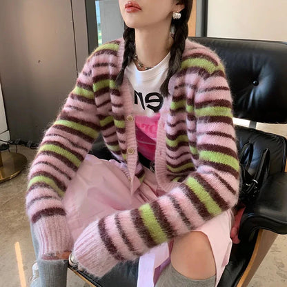 Autumn Striped Mohair Knitted Cardigans Winter Women Vintage Gentle Elegant Loose Sweater Casual V-neck Long Sleeve Knitwear