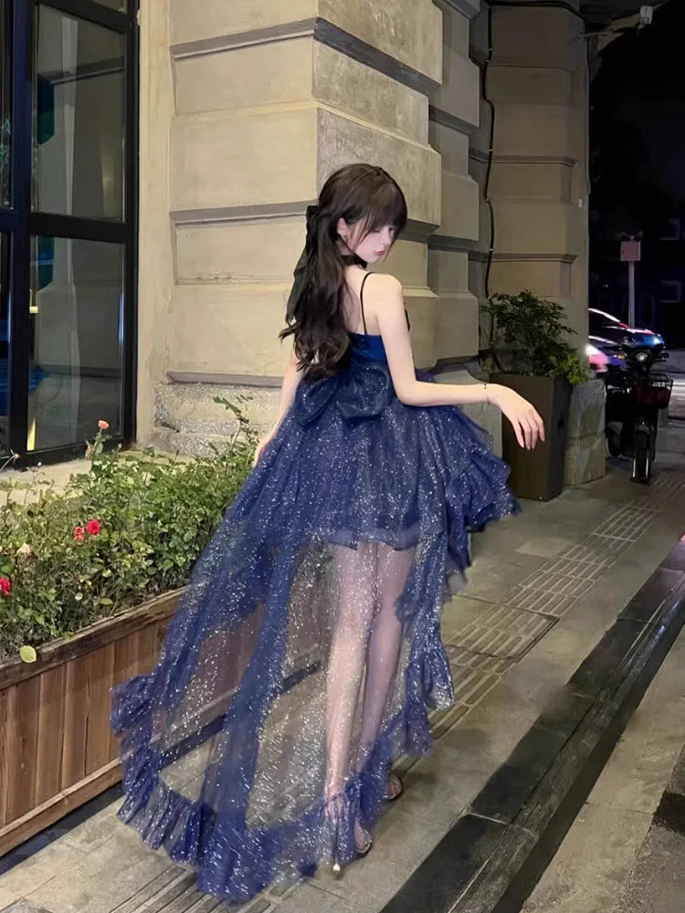 qgtao New Blue Color Dress Formal Cute Thin and Glittering Trailing Pettiskirt