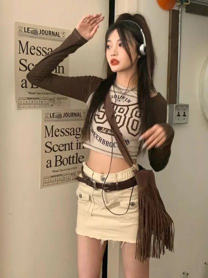 qgtao Y2k Streetwear Vintage Korean Crop Top Women Sexy American Retro Letter Printed T Shirts Off Shoulder Aesthetic Clothes