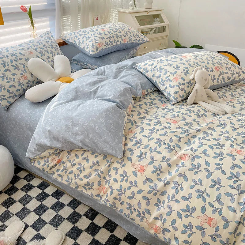 Yeknu Ins Style Bedding Set Cotton Soft Flat Fitted Sheet Duvet Cover Pillowcase Floral Rabbit Boy Girls Home Textile Bedclothes