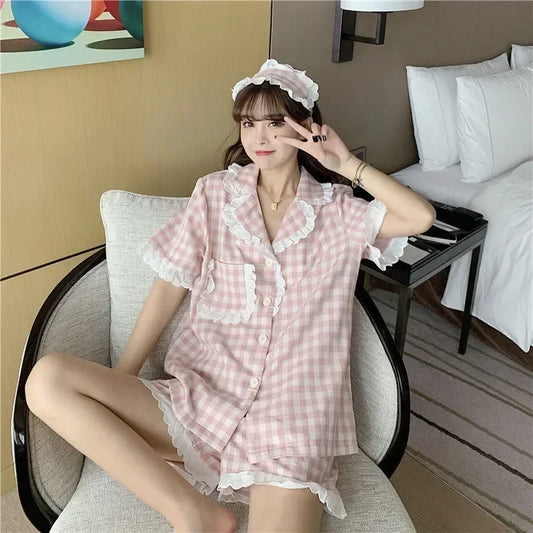 qgtao Shorts Two Pijama Night Home Cute Korean Loungewear Ruffle Sleepwear Women Set Summer Wear Suit Style Sets Pajamas Piece