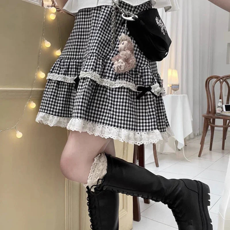 qgtao Kawaii Plaid Women Short Skirt Lolita Ruffle Japanese Style Lace Bow Mini Skirts Cutecore Sweet Pleated Preppy Skirt