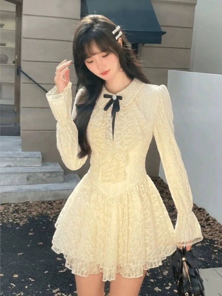 qgtao French Vintage Princess Lace Mini Dresses for Women Bow Flare Sleeves Ruffles A-line Birthday Party Kawaii Mini Vestidos New