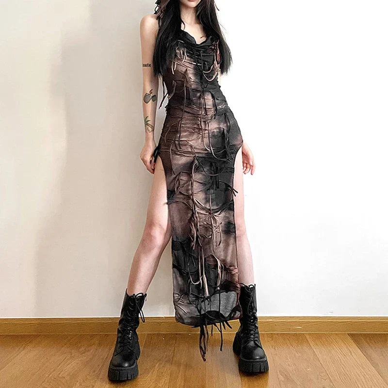 Tassel Vintage Gothic Hooded Midi Dresses Fairy Grunge Y2k Sexy High Split Dress Female Sleeveless Tie Dye Streetwear