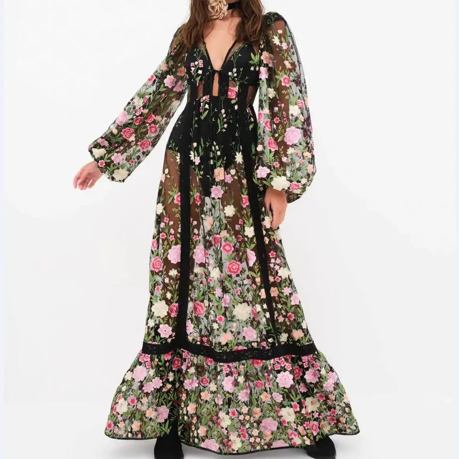 qgtao  Women's Sexy Holiday Bikini Cover-Ups Beach Flower Embroidery Dress Long Sleeve Dress See Through Mesh Sheer Dresses