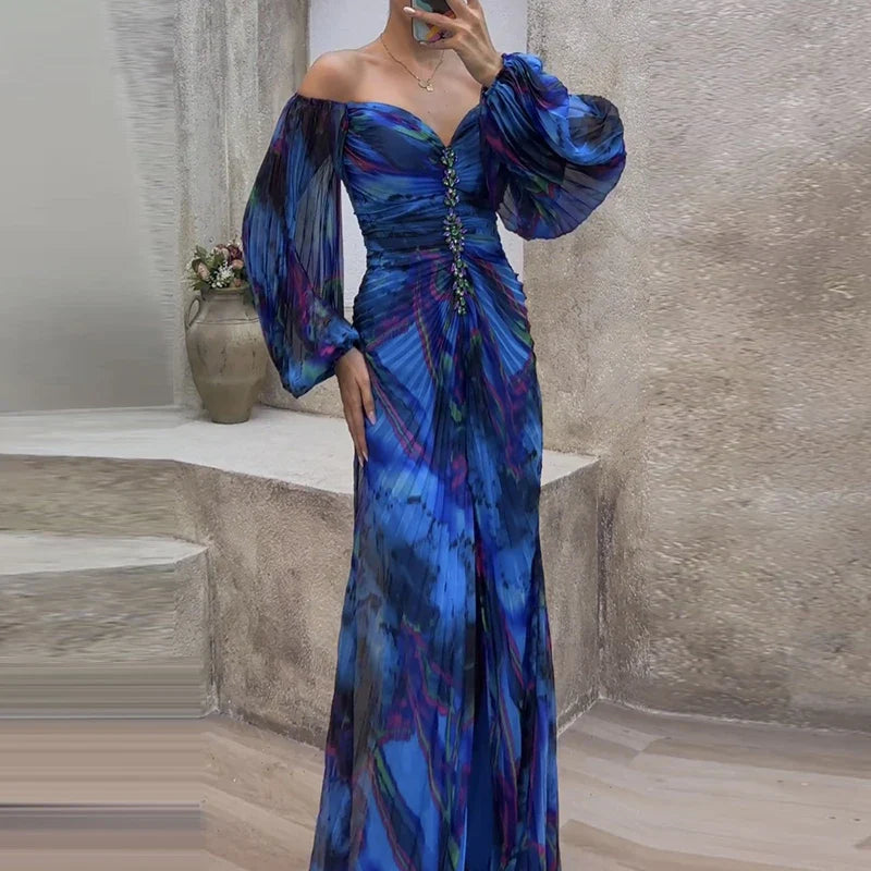 qgtao Sexy New Off Shoulder Tie Dye Pleated Bodycon Dress Women Fashion Printed Slit Banquet Party Dress Elegant Slim Folds Maxi Dress