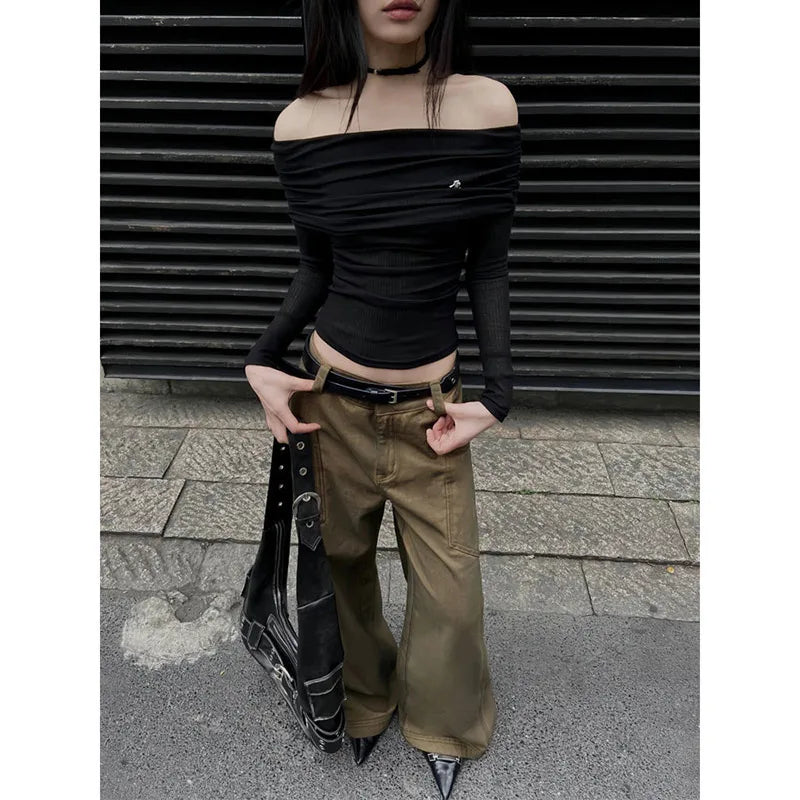 qgtao  -  Women's Brown Y2k Low Rise Jeans Harajuku Denim Trousers Streetwear Y2k Baggy Jean Pants Vintage 90s Aesthetic 2000s Clothes