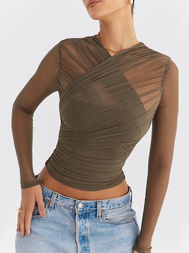 Mozision Sheer Mesh Long Sleeve Sexy T-shirt Women 2024 Autumn New V Neck Zipper Layered Skinny Club Party Sexy Tops