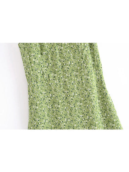 qgtao   Women Vintage Green Floral Print Thin Strap Chiffon Dress French Style Ladies A-line Short Summer Dress Sling Robe