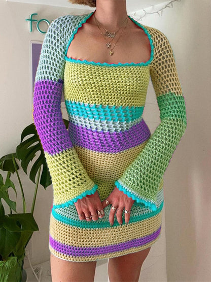 Contrast Colors Long Sleeve Knit Dress