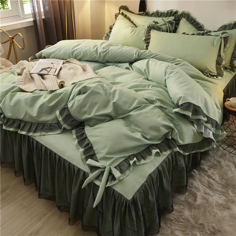 Yeknu Arctic Velvet Pastoral Lace Solid Color Four-Piece Pillowcase Bed Sheet Quilt Cover Quilt Cover 200*230cm Bed Sheet Set