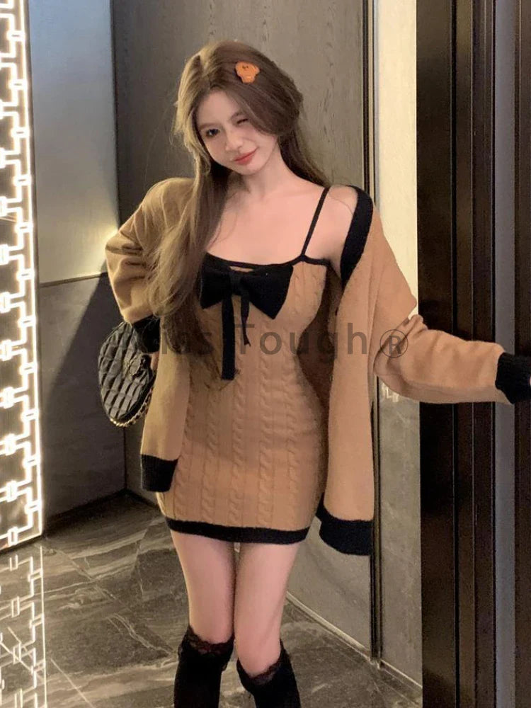 qgtao Winter Kawaii Knitted Two Piece Set Women Bow Mini Dress + Sweater Coat Female Korean Fashion Soild Vintage Mini Dress Suit