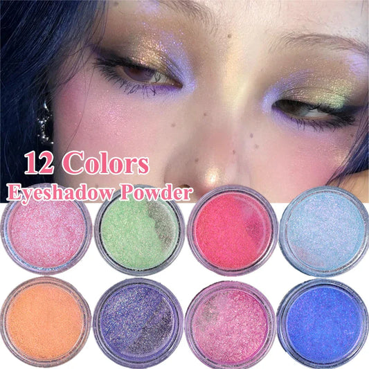 qgtao 12 Colors Polarized Eyeshadow Powder Long Lasting Waterproof Pearlescent Glitter Matte Green Pink Blue Loose Powder Eyes Makeup