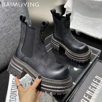 qgtao Chunky Platform Women Ankle Snow Boots Mid Heels Fashion Leather Shoes Woman Winter 2024 Trend Casual Goth Chelsea Botas Mujer