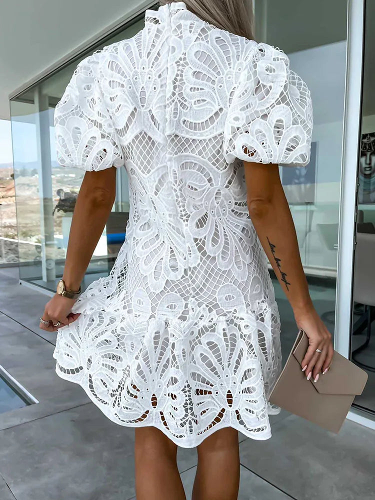 qgtao White Lace Dress Women Summer Sexy Hollow Out Embroidered Mini Dresses Female Vintage Elegant Fashion Puff Sleeve Short Dresses