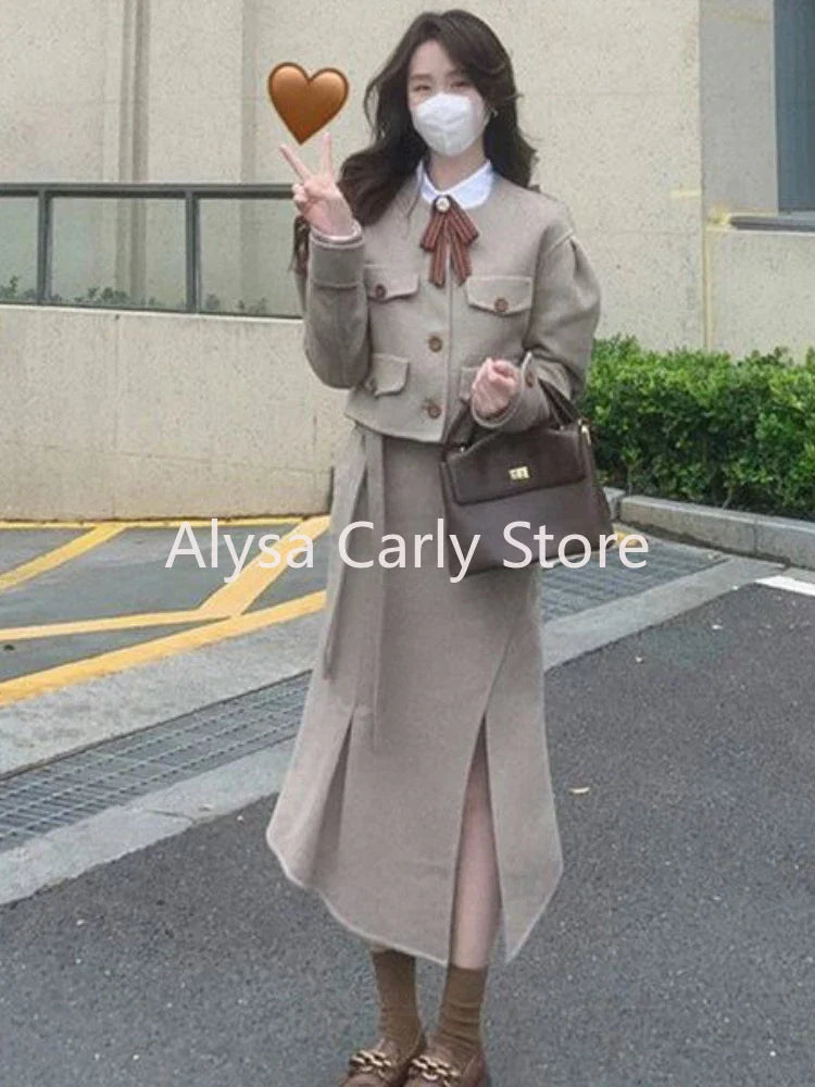 qgtao Japan Uniform Two Piece Set Women Winter Warm Cropped Coat Elegant Midi Skirt Set Fairy Sweet Vintage Casual Party Skirt Set New