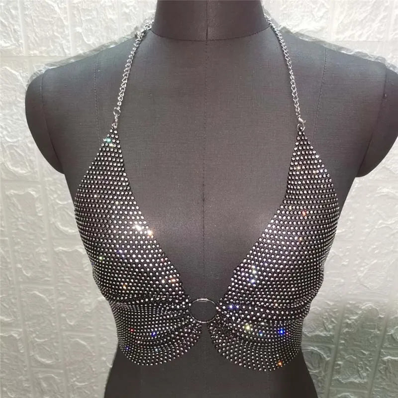 qgtao Shiny Rhinestone Crop Top Women Shining Backless Mesh Sexy Festival Top Party Nightclub Vest cropped Bra Top feminino