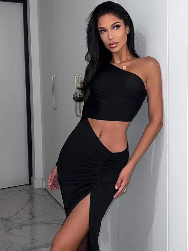 qgtao聽Long Sleeve One Shoulder Maxi Dress Cut Out Ruched Slit Bodycon Sexy Prom Party Elegant Evening Y2K Clothes Birthday