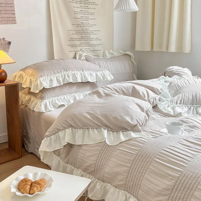Yeknu Ins Style Korean Lace Seersucker Washed Cotton 4-piece Bed Sheet Quilt Cover Solid Color Duvet Cover For Girl Spring Decor Home