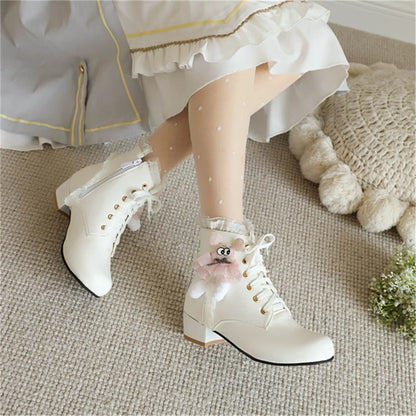 qgtao Japanese College Cosplay Sweet Girls Shoes Kawaii Lace Ruffle Lolita Lacing Strap Hairball Dolls Cute Winter 2cm Solid Boots