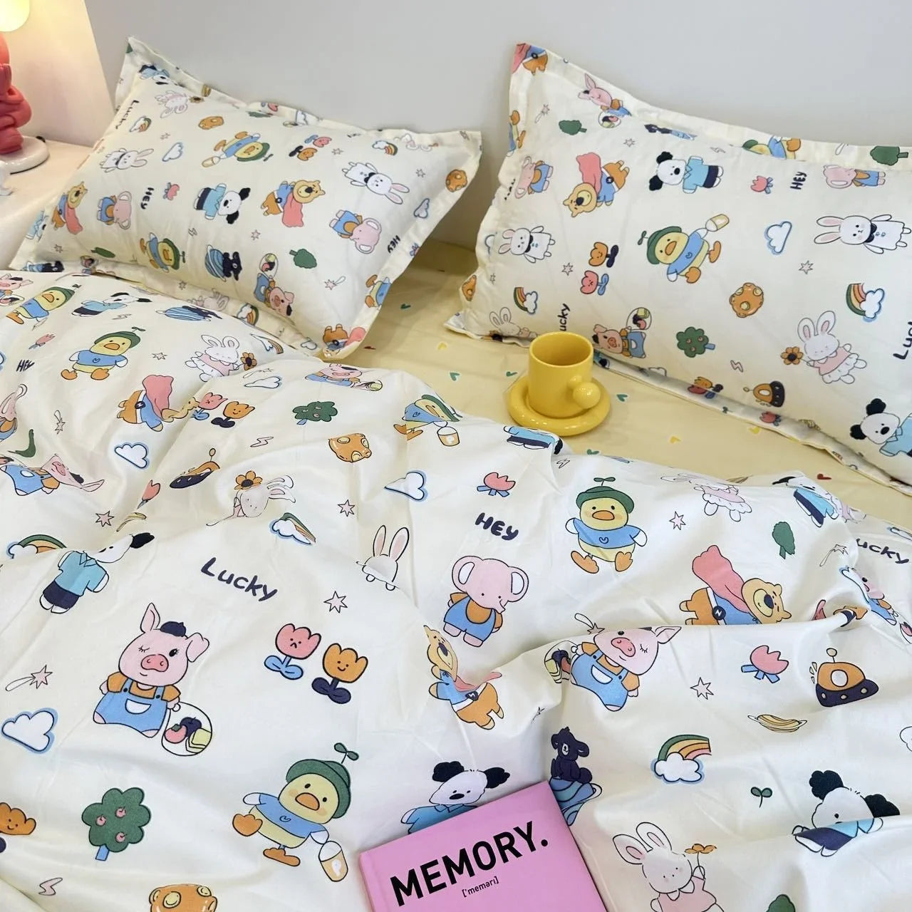 Yeknu INS Gradual Cream Pink Green Bedding Set Floral Duvet Cover Pillowcase Kawaii Bed Sheet Quilt Cover Single Queen King Size