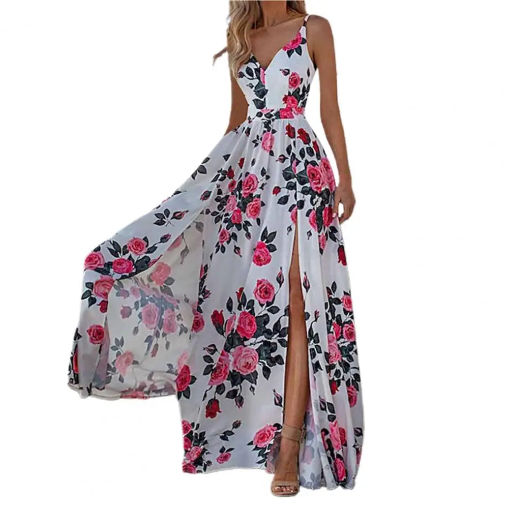 qgtao聽Summer Boho Dress Sexy Deep V-Neck Waist Tight Split Large Hem Maxi Dress Floral Print Sleeveless Sling Beach Holiday Dress