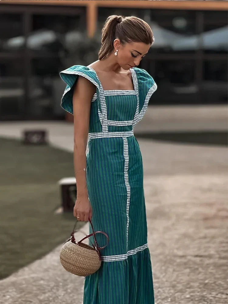 qgtao Vintage Plaid Flying Sleeve Shoulder Midi Dress Elegant Spliced Square Collar High Waist Vestidos Spring High Street Female Robe