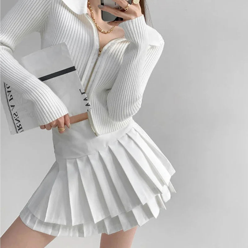 qgtao Preppy Style Double Pleated Skirt Women Korean Skort Summer Sexy Y2k High Waist Patchwork Solid Mini Skirt A-line Casual