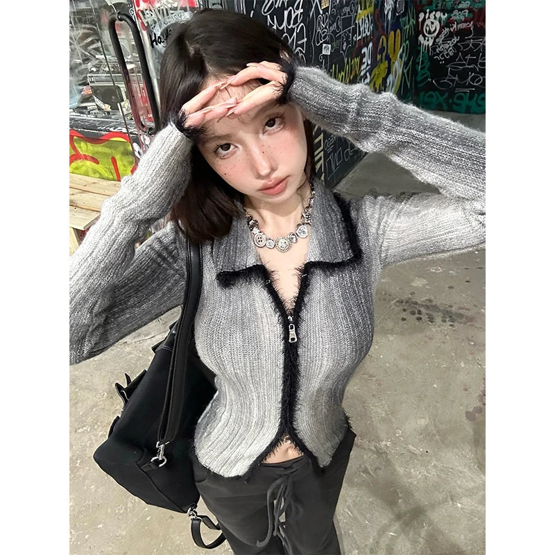 Tonngirls Gothic Sweater Women Knitted Tie Dye Cardigan Patchwork Y2k Vintage Tops Streetwear Korean Style Autumn Winter Sweater