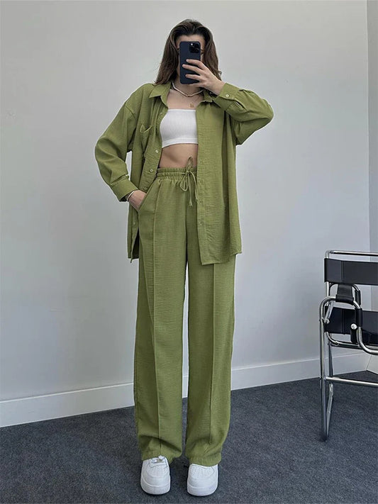 qgtao 2024 Autumn Plus Size Blouse and Pants Set for Women Casual Loose Two Piece Set Top and Pants Female Suit Shirt and Pants Set