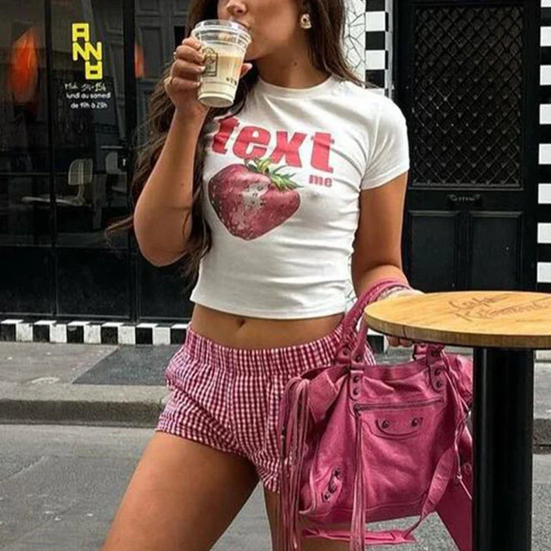 qgtao Y2k Street Crop Tops Women's Short Sleeve O Neck Clothes Sexy T-shirts Sling Vest Graphics Print Summer Female Slim Baby Tees