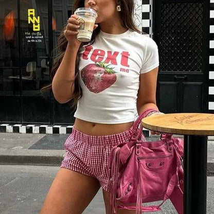 qgtao Y2k Street Crop Tops Women's Short Sleeve O Neck Clothes Sexy T-shirts Sling Vest Graphics Print Summer Female Slim Baby Tees