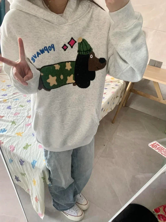qgtao  -   Embroidery Doggy Print Hooded Women American Retro Grey Long Sleeve Oversized Sweatshirt Female Cutecore Autumn Clothes