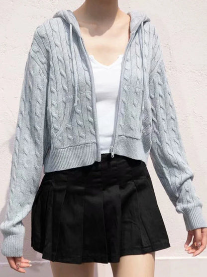 Solid Twist Knitted Hooded Cardigan Women Autumn Casual Cotton Ribbed Trim Zip-up Sweater Vintage Streetwear Cropped Tops Coat