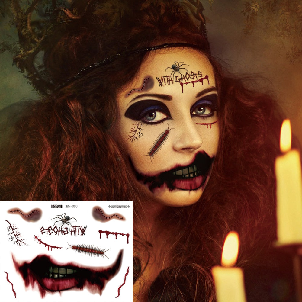 Halloween Face Makeup for Women Men Big Mouth Temporary Tattoo Stickers Disposable Funny Fake Tattoo Waterproof for Saints' Day