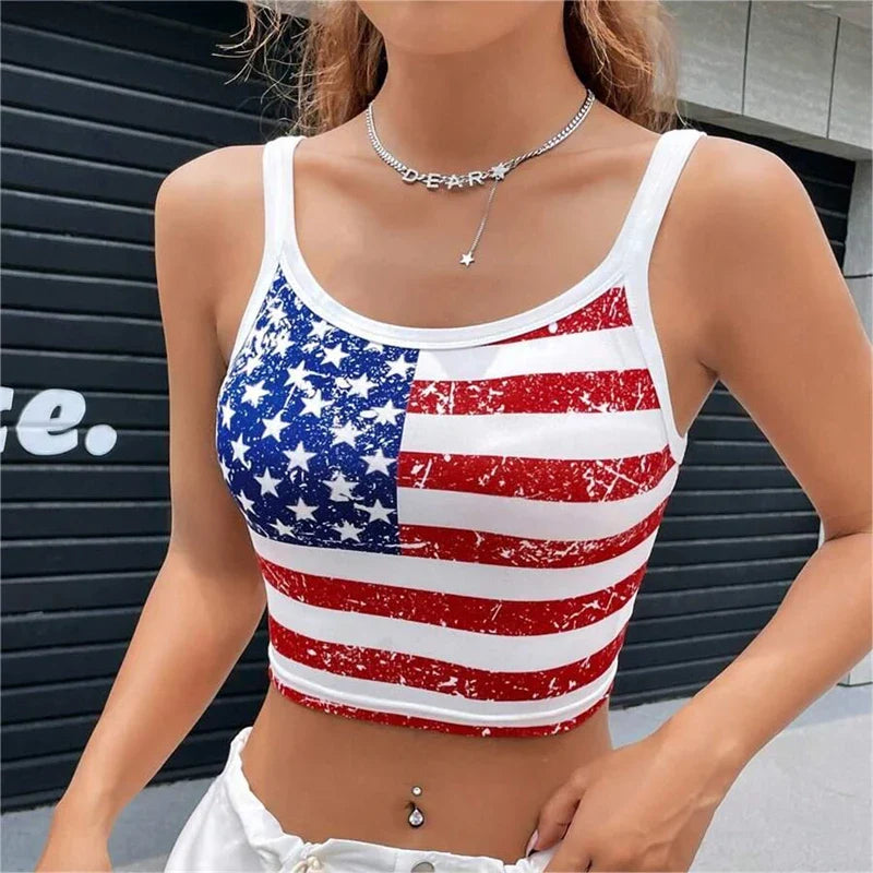 qgtao Gothic Punk New 2024 USA Flag Crop Top Sexy Backless Tank Slim Women's Mini Vest Summer Y2k Clothes Short White Camisole E-girls