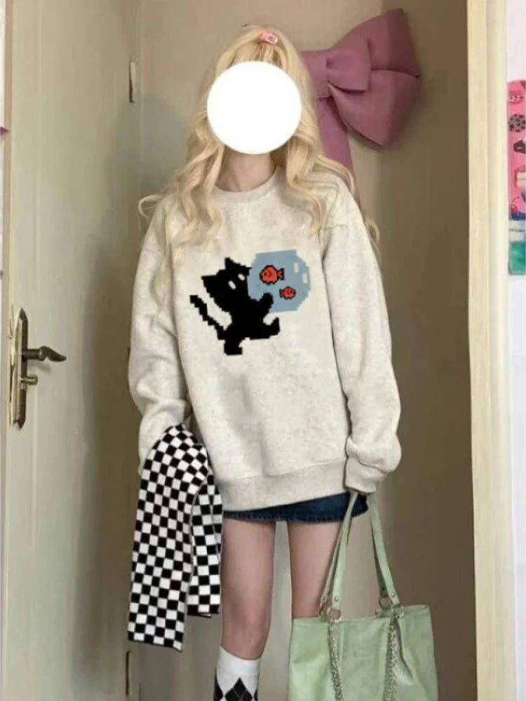 HOUZHOU Kawaii Y2K Grey Crewneck Sweatshirts Women Japanese 2000s Style Cute Long Sleeve Hoodies Harajuku Cotton Tops Winter