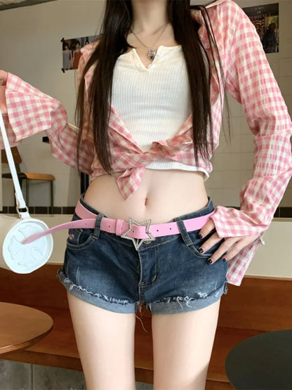 qgtao  -  Y2k Pink Plaid Women Shirts Check Graphic Long Sleeve Blouses Female Spring Autumn Sexy Slim Button Up Cardigan Chic Ins