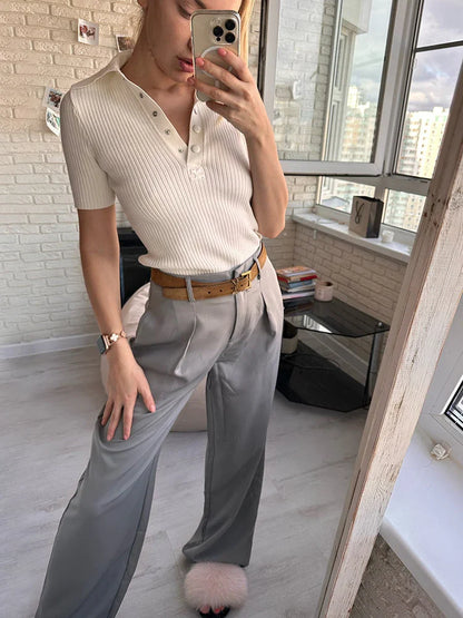 Mnealways18 Classic Grey Pleated Pants Woman 2024 Vintage Outfit Spring Baggy Pants Office Trousers Pocket Wide Leg Pants Ladies
