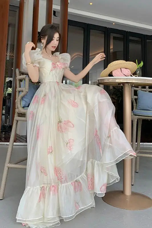 Vintage French Elegant Floral Ruffles Party Dresses Women Fashion Puff Sleeve Birthday A Line Princess Long Dress Sweet Vestidos