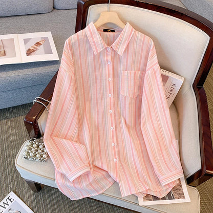 qgtao Plus Size women's spring casual commuter shirt terylene cotton fabric striped top medium long pocket top comfortable breathable