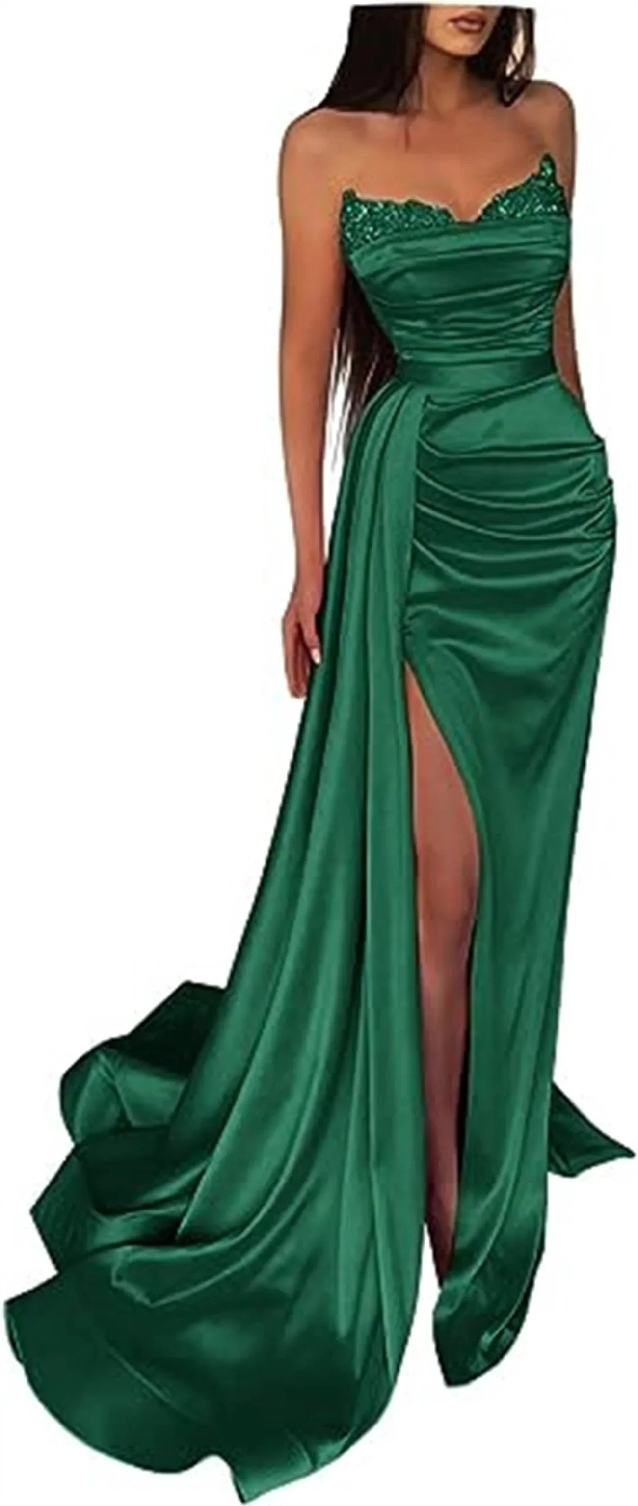 qgtao Line Sexy High Split Prom Formal Evening Dress Strapless Sleeveless Court Train Satin with Slit Pure Color robes de soirée