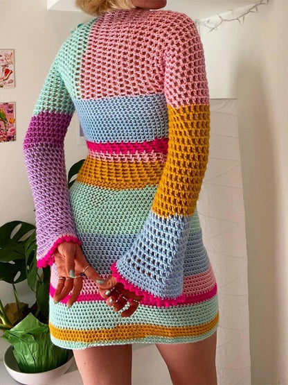 Contrast Colors Long Sleeve Knit Dress