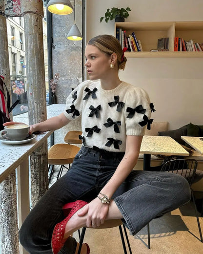 qgtao  -  Elegant Puff Short Sleeve 3d Bow White Knit Sweater Women Fashion O-neck Pullover 2024 New Lady Out Streetwear Sweaters Tops