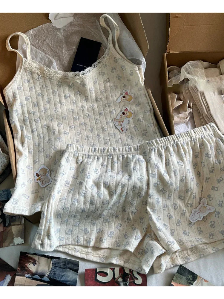 Little Bear Eyelet Cotton Vest Shorts Set Summer Sweet Bow Lace Camis Tops And Shorts Vintage Cute 2 Piece Sets Women Outfit New