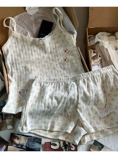 Little Bear Eyelet Cotton Vest Shorts Set Summer Sweet Bow Lace Camis Tops And Shorts Vintage Cute 2 Piece Sets Women Outfit New