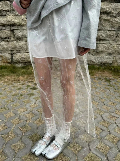 qgtao  See Through Long Skirt Women White Korean Fashion High Waist A-line Sequin Lace Patchwork Sexy Transparent Mesh Skirt