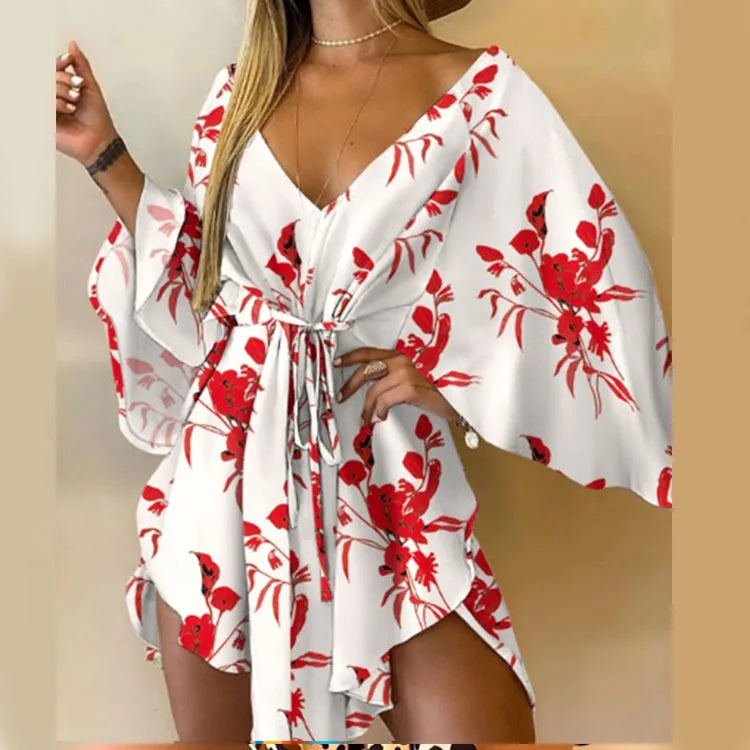 qgtao Sexy Women Autumn Mini Dress Floral Print V Neck 3/4 Bat Sleeve Lace Up Irregular Hem Casual Loose Beach Cover Up Dress