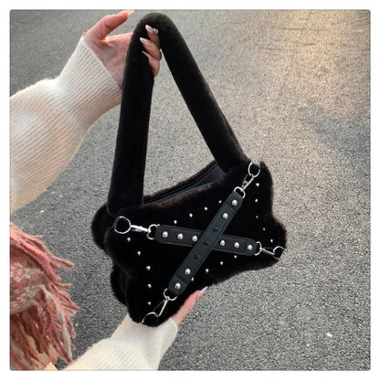 qgtao Gothic Rivet Plush Shoulder Bag Women Y2k Grunge Winter Subculture Messenger Bag Purse Ladies Harajuku Aesthetic Handbag